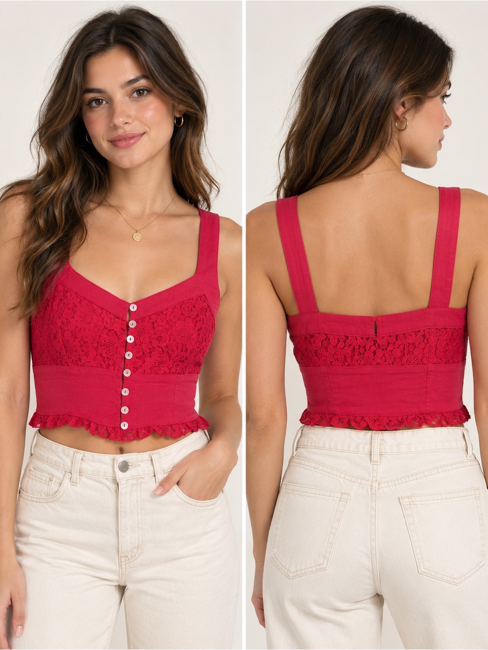 Free People Red Lace Button Front Crop Top Boho Romantic Y2K